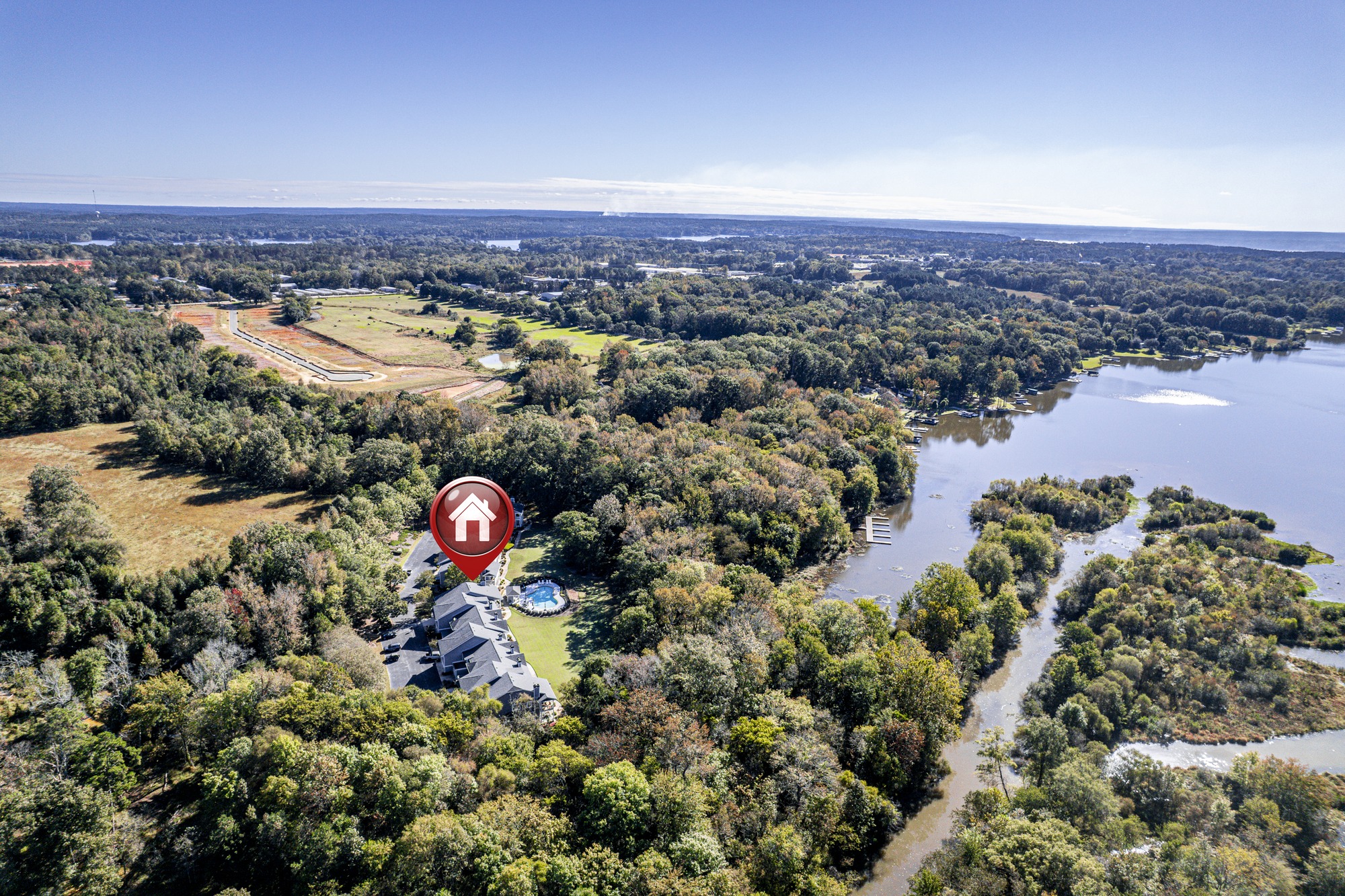 Wide aerial over Lake Oconee showing where Carriage Cove sits on the water