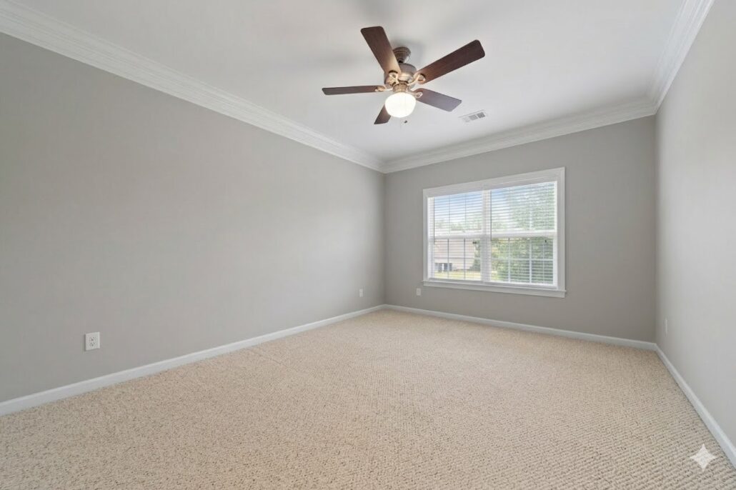 Second bedroom with a ceiling fan and carpet upstairs in a three-bedroom Lake Oconee townhome