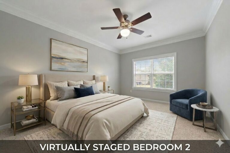 Virtually staged second bedroom in a three-bedroom end-unit townhome at Lake Oconee