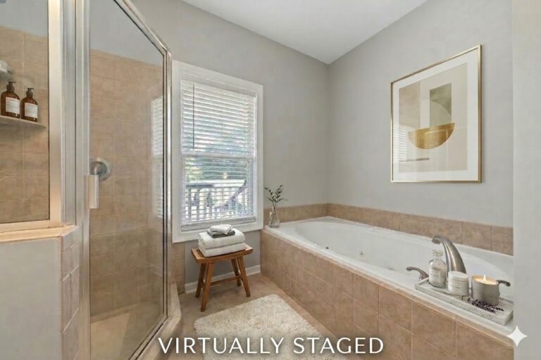 Virtually staged garden tub in the primary bath of a townhome on Lake Oconee