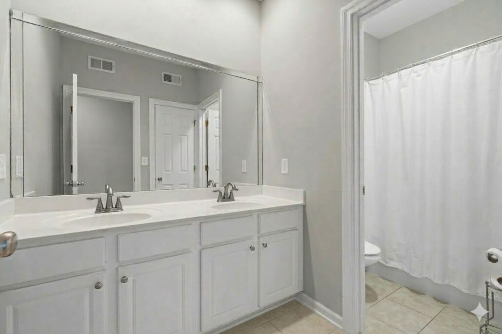 Hall bathroom with a double vanity in a Lake Oconee condo for sale