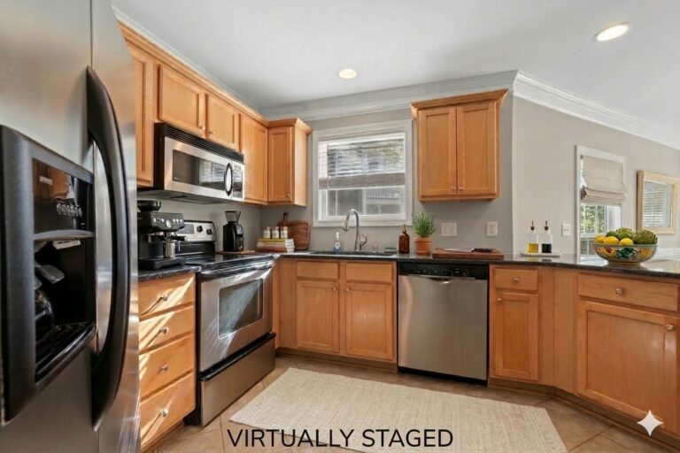 Virtually staged kitchen with granite counters in a Lake Oconee condo for sale in Eatonton