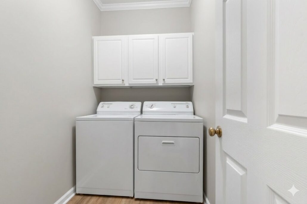 Laundry room with the washer, dryer and wall cabinets that stay with the Carriage Cove townhome at 181-A Farriers Lane
