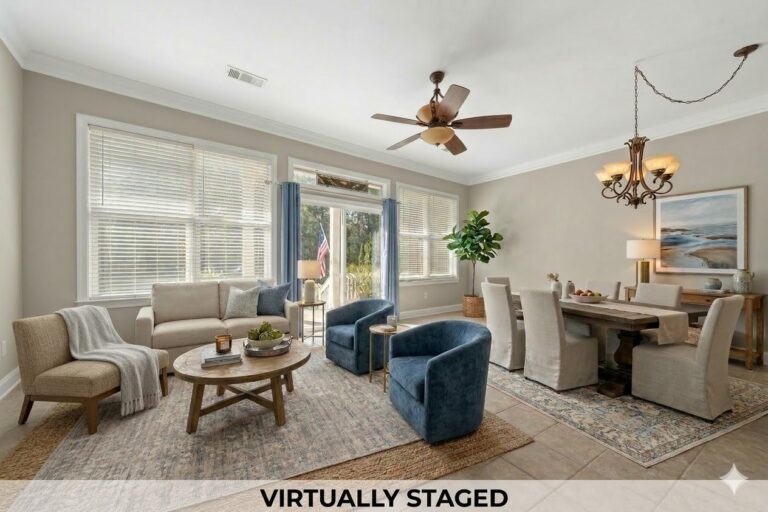 Virtually staged living and dining area in a Lake Oconee townhome for sale at 181-A Farriers Lane