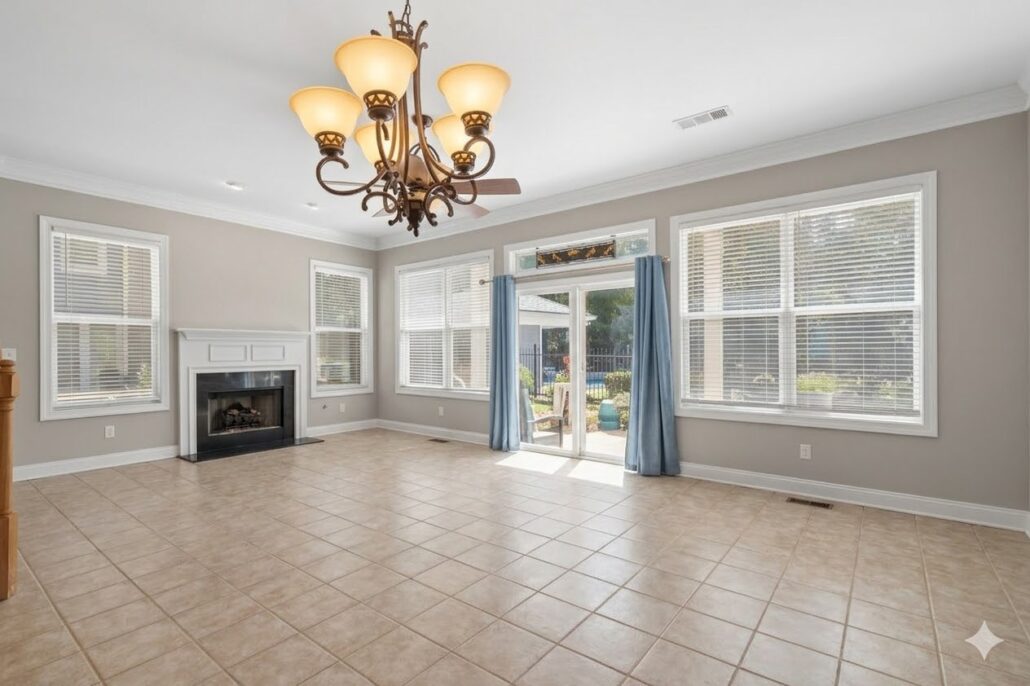 Living room with a gas-log fireplace and French doors in a Carriage Cove townhome on Lake Oconee