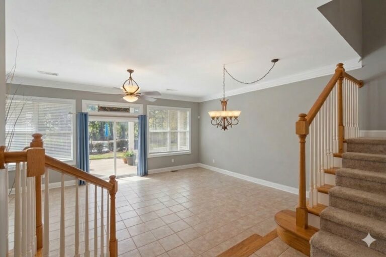 Living room and French doors seen from the staircase in a condo on Lake Oconee in Carriage Cove