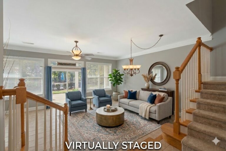 Virtually staged living room seen from the stairs in a condo on Lake Oconee
