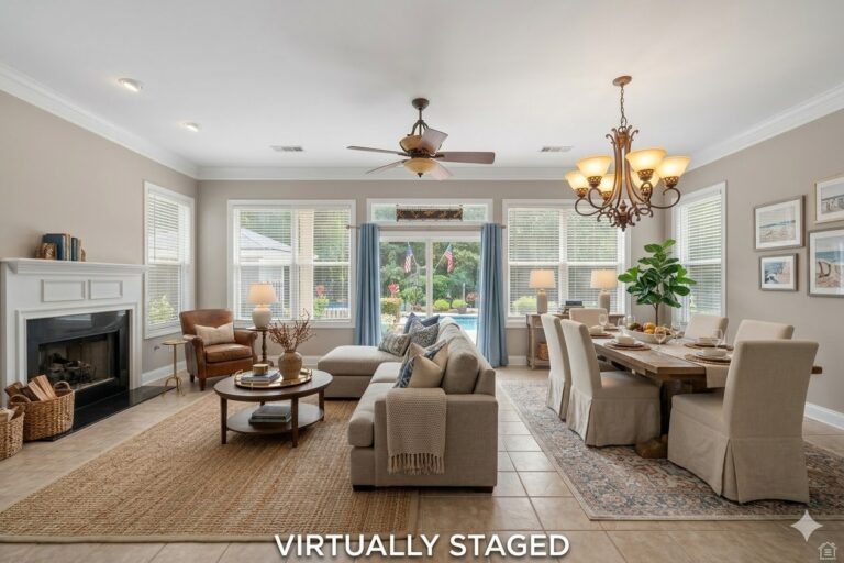 Virtually staged living room with the fireplace and dining table in a Carriage Cove condo on Lake Oconee