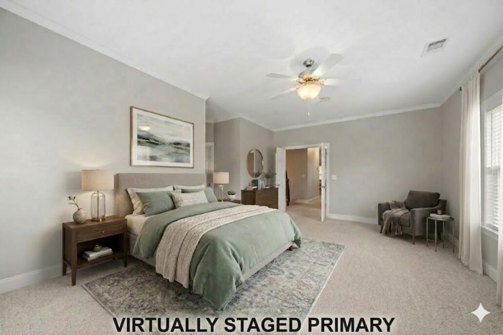 Virtually staged primary bedroom with a king bed in the Carriage Cove condo at 181-A Farriers Lane