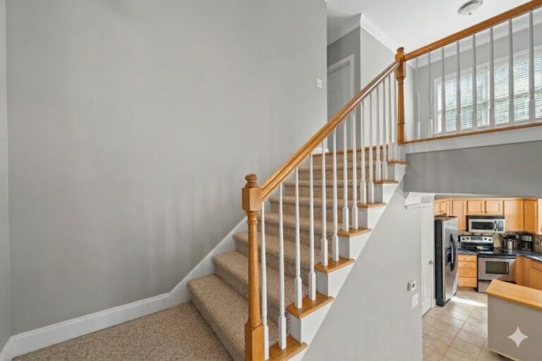 Carpeted staircase with a wood handrail and white balusters in a two-story Lake Oconee condo