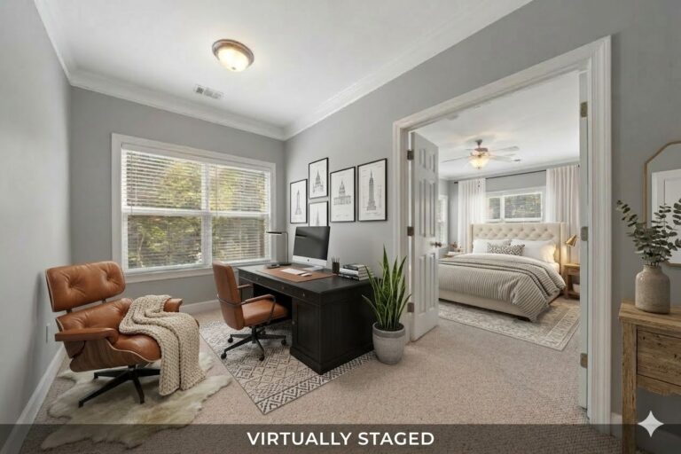Upstairs room virtually staged as a home office in a Lake Oconee townhome