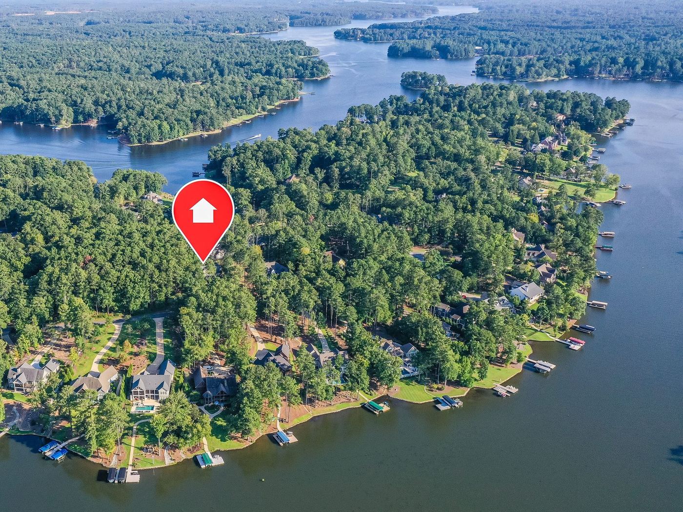 Aerial view of Harbor Club on Lake Oconee with a marker showing the location of 2750 Club Drive