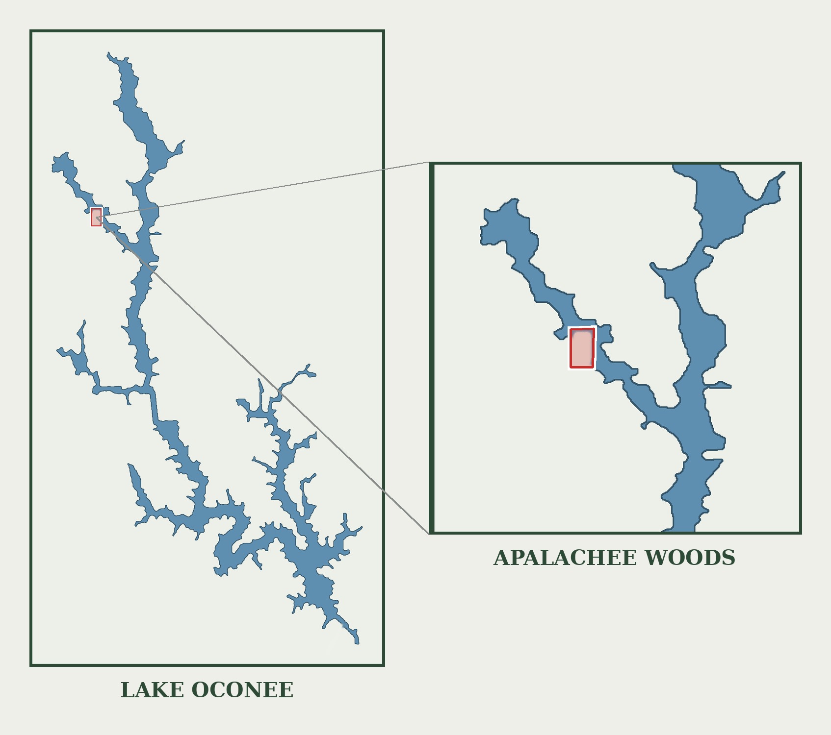 Map showing the location of Apalachee Woods on the Apalachee River arm of Lake Oconee in Morgan County, Georgia