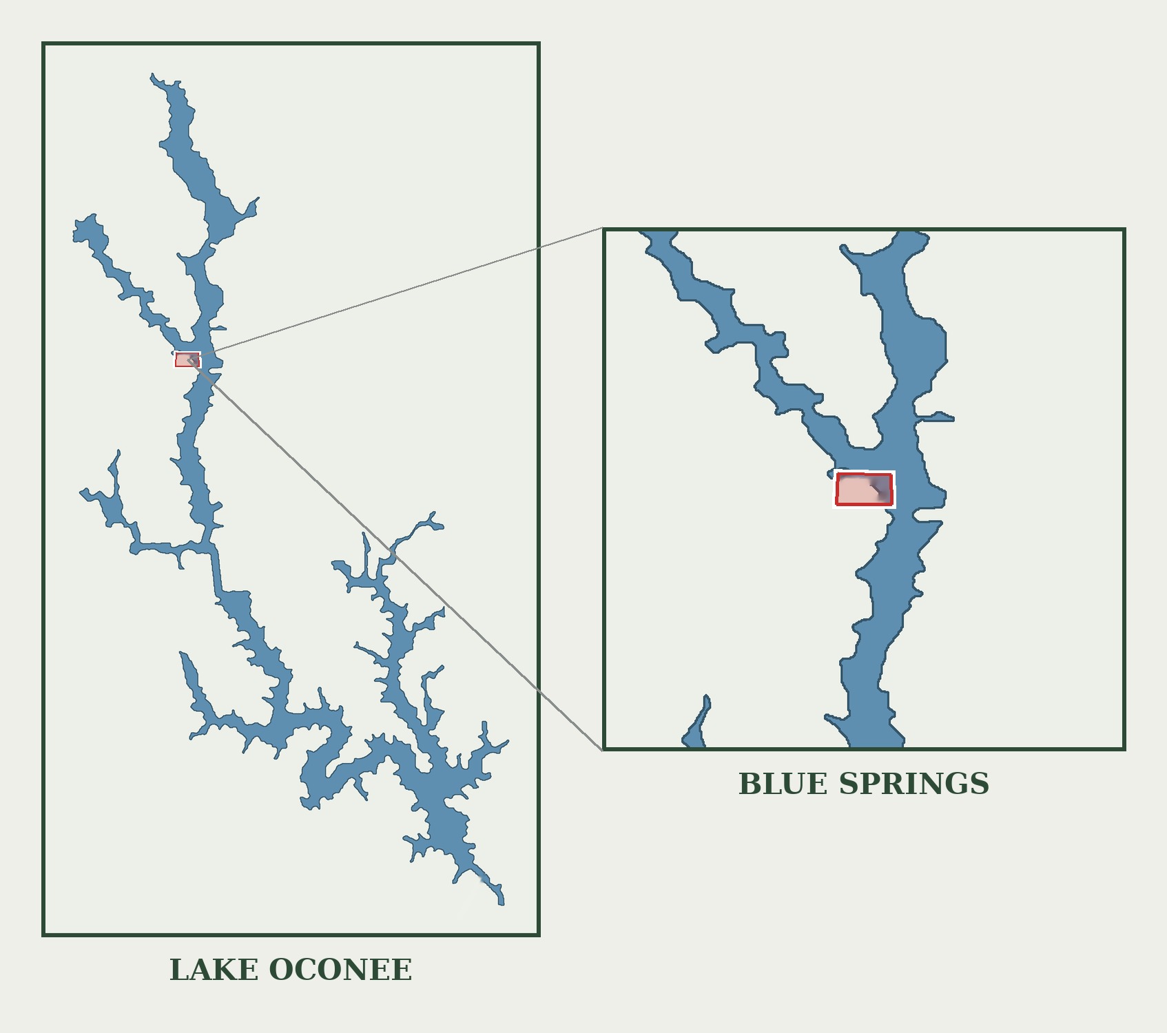 Map showing the location of Blue Springs and Blue Springs Marina on Lake Oconee in Morgan County, Georgia