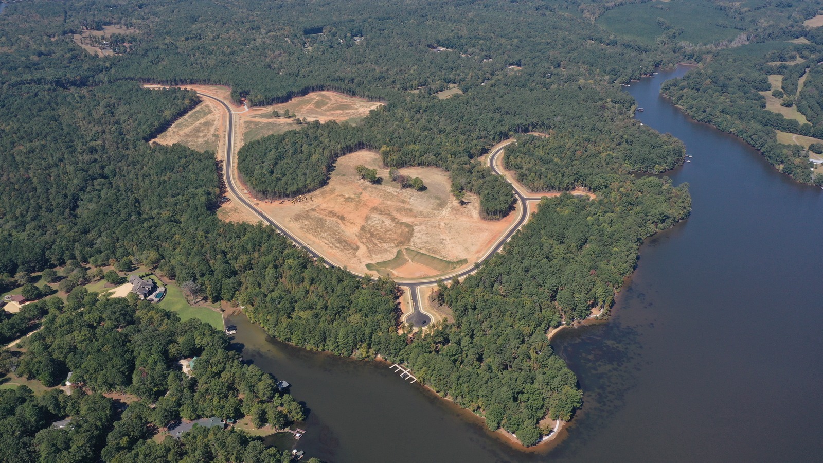 Aerial view of Camp Buckhead showing Lake Oconee on both sides of the property in Morgan County, Georgia