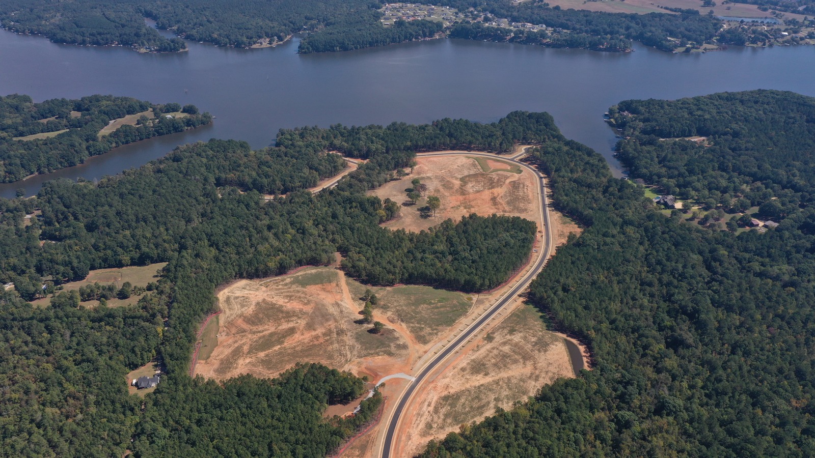 Wide aerial view of Camp Buckhead and the surrounding arms of Lake Oconee in Morgan County, Georgia