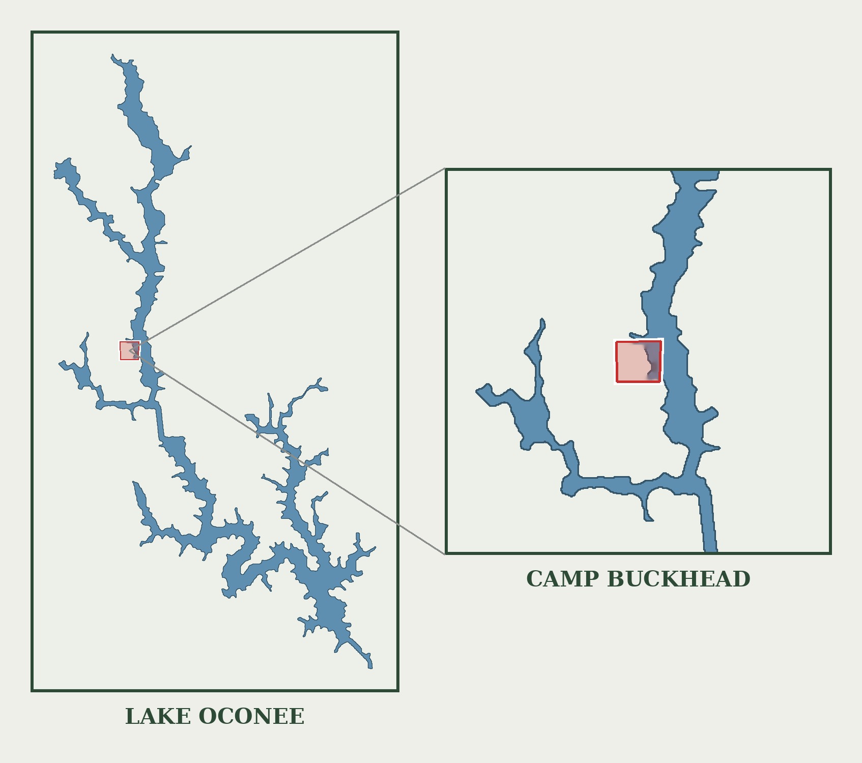 Map showing the location of Camp Buckhead on Reids Ferry Road on the Morgan County side of Lake Oconee, Georgia