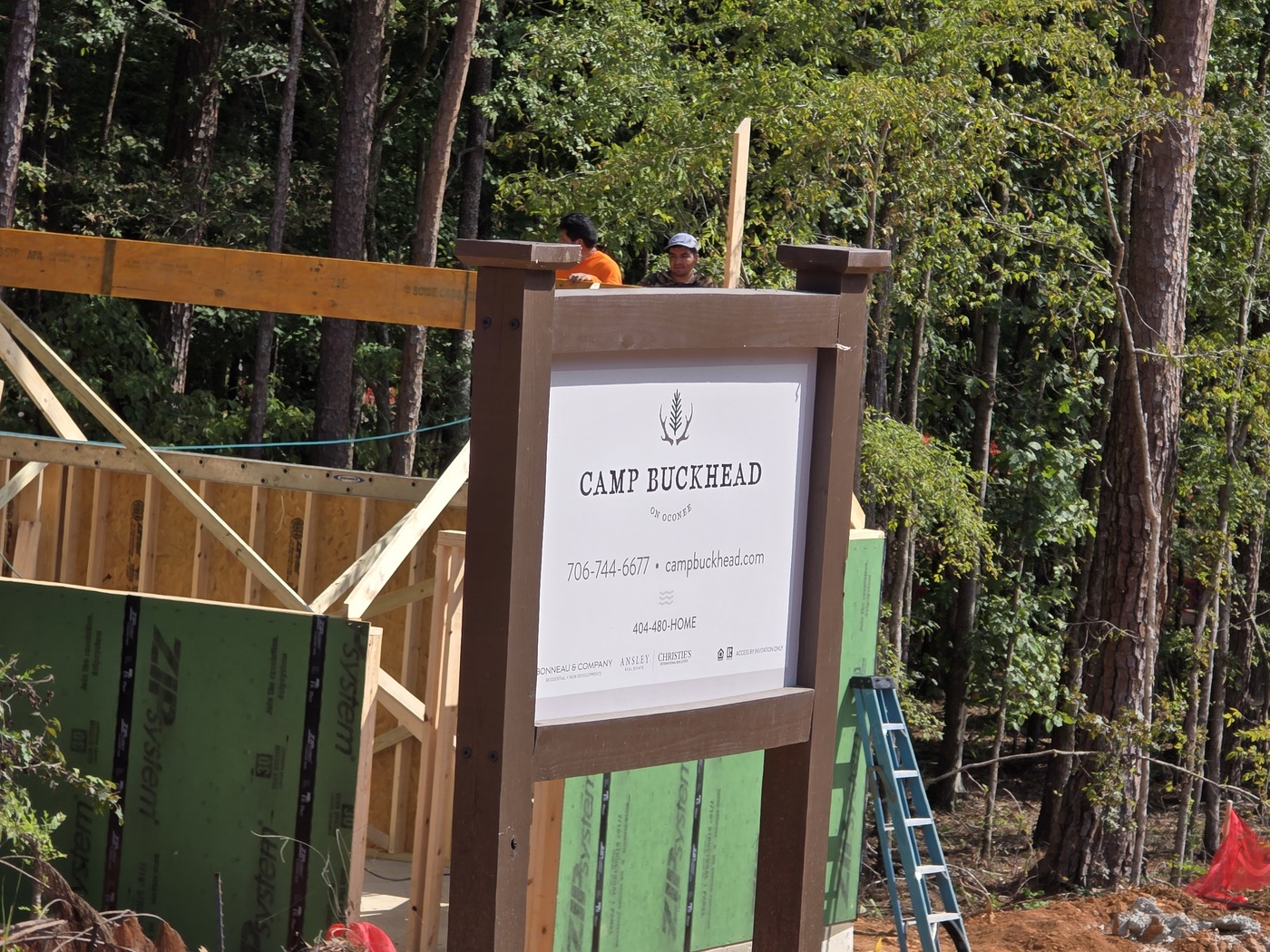The Camp Buckhead sign in front of the first structure under construction at Lake Oconee in Morgan County, Georgia