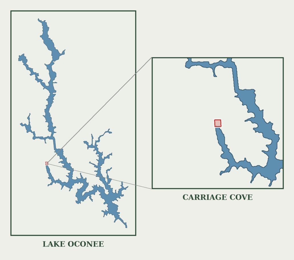 Map showing where Carriage Cove and 181-A Farriers Lane sit on Lake Oconee in Putnam County, Georgia