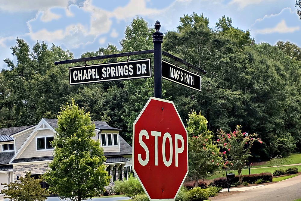 Chapel Springs Drive and Mag’s Path street sign on Lake Oconee
