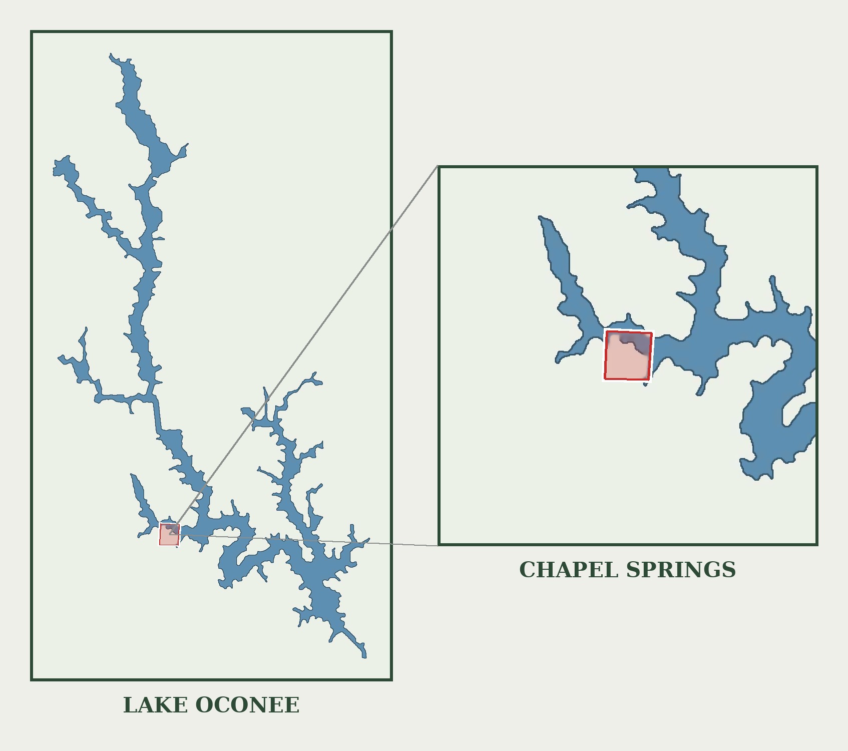 Map showing the location of Chapel Springs on Lake Oconee in Putnam County, Georgia, with a detail view of the cove