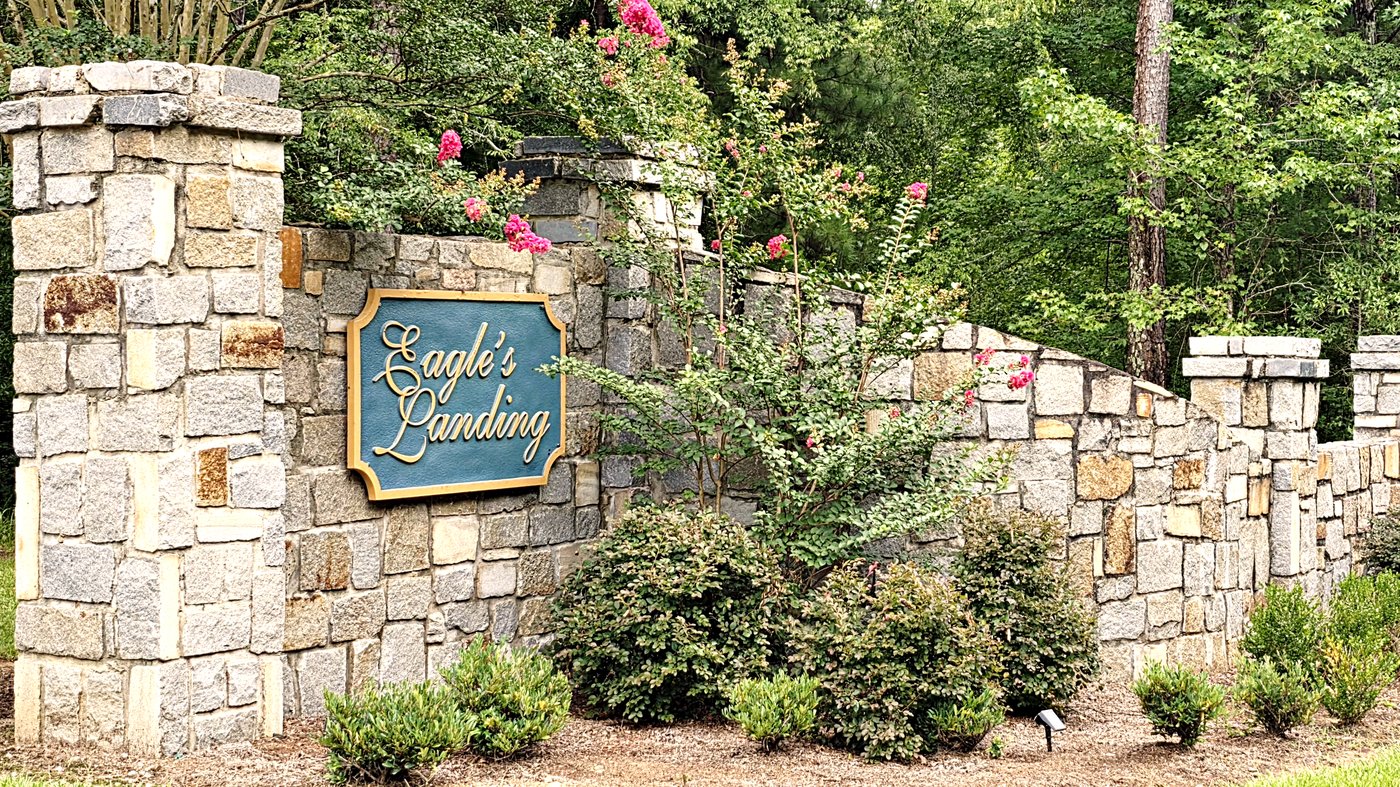 Eagle's Landing stone entrance sign on Walker Church Road, the Richland side of Lake Oconee in Greene County, Georgia
