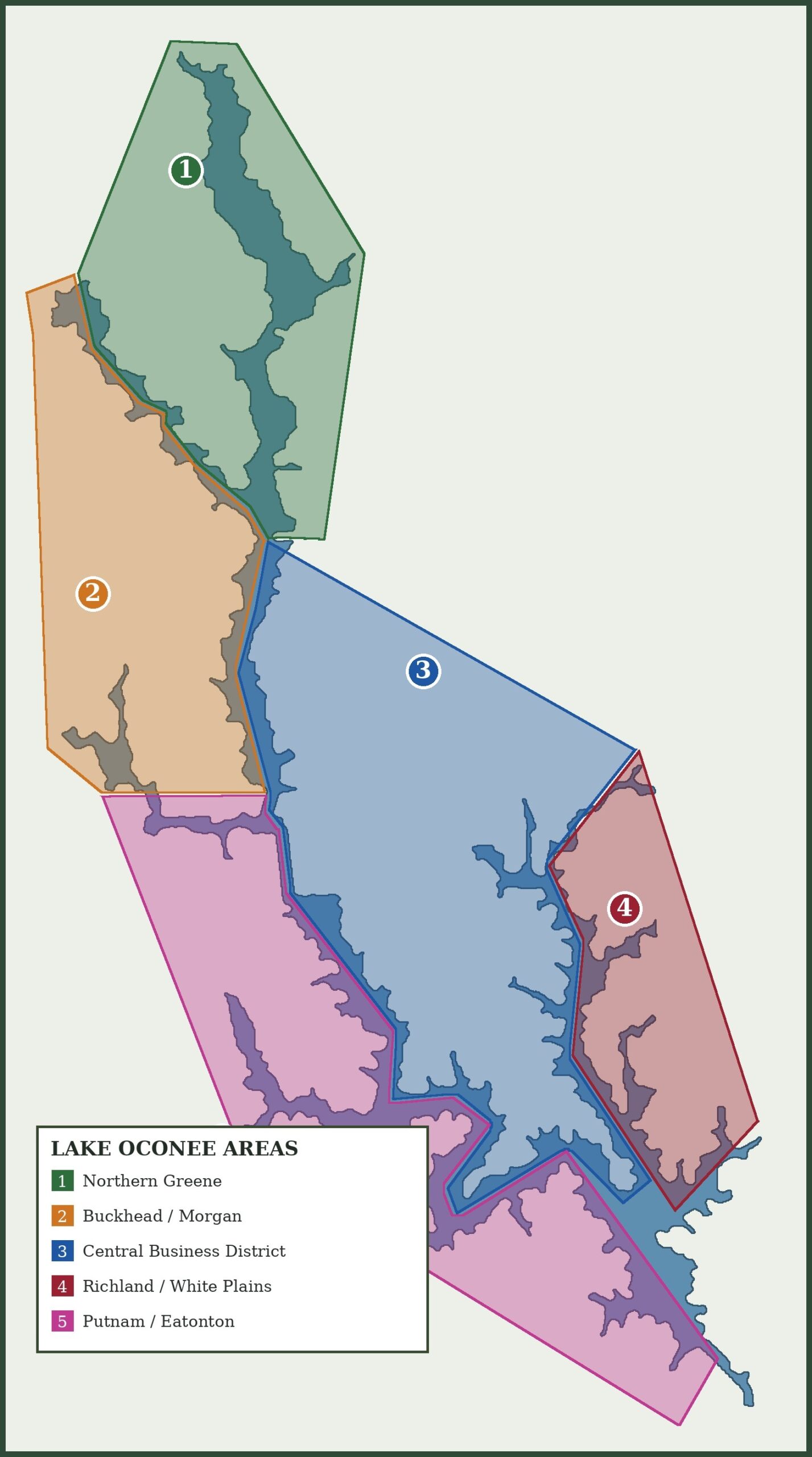 Map of Lake Oconee showing its five geographic areas across Greene, Putnam and Morgan counties