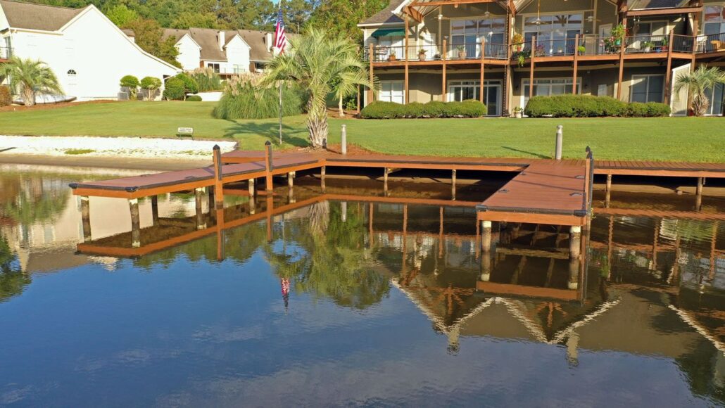 Community dock and private residents beach at the Lake Villas in Harbor Club on Lake Oconee