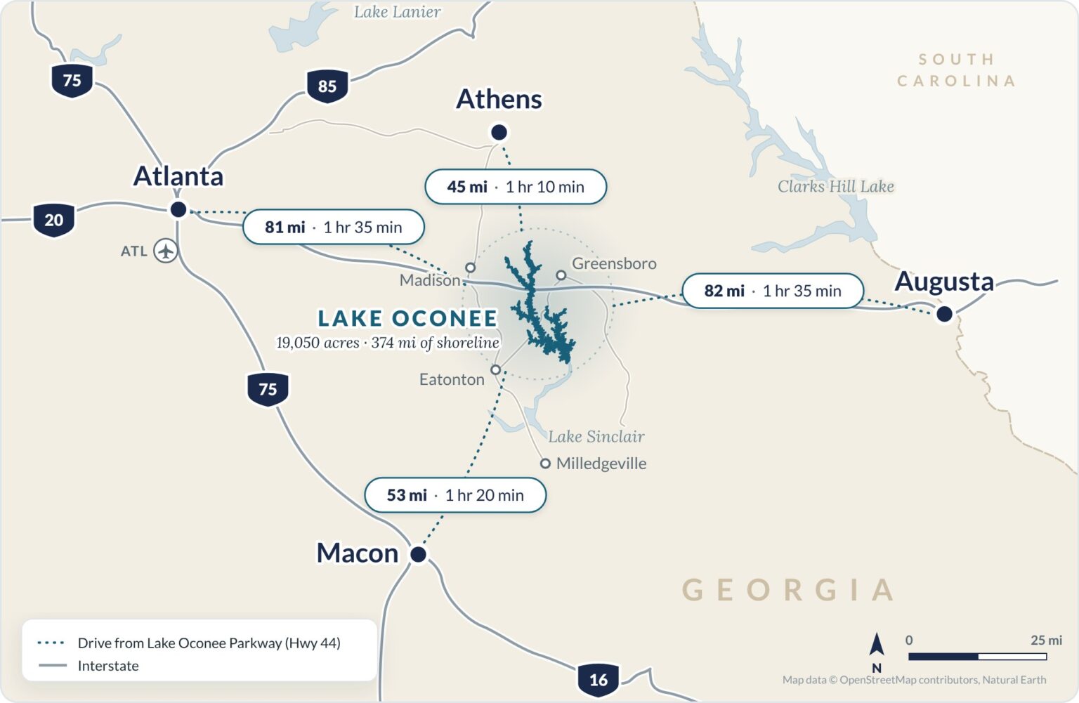 Map of central Georgia showing Lake Oconee between Atlanta, Augusta, Athens and Macon, with I-20, I-75, I-85 and I-16 and the drive distance from the lake to each city