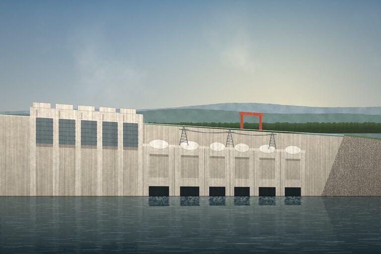 Illustration of Wallace Dam on Lake Oconee: the spillway gates, powerhouse and tailrace