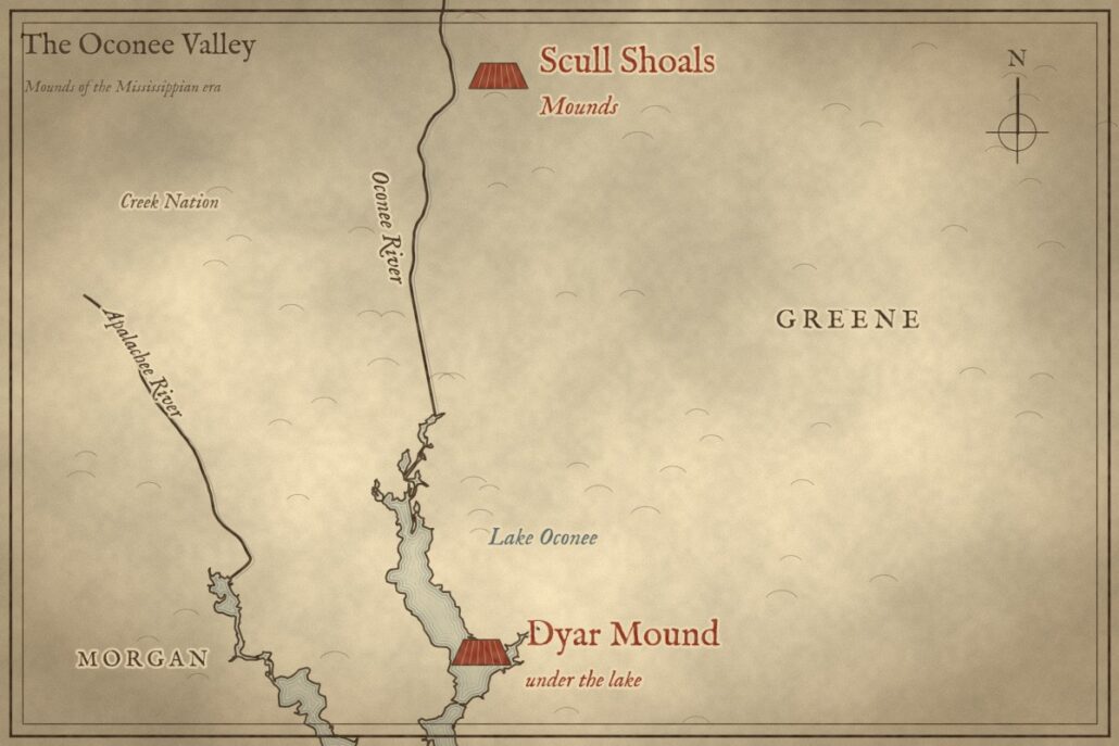 Antique-style map of the Oconee River valley showing the Scull Shoals mounds and the Dyar mound under Lake Oconee