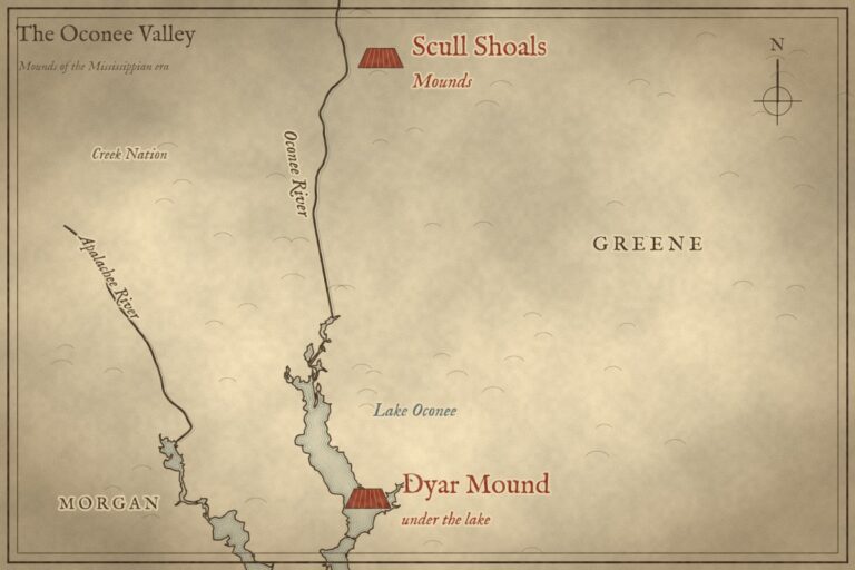 Antique-style map of the Oconee River valley showing the Scull Shoals mounds and the Dyar mound under Lake Oconee