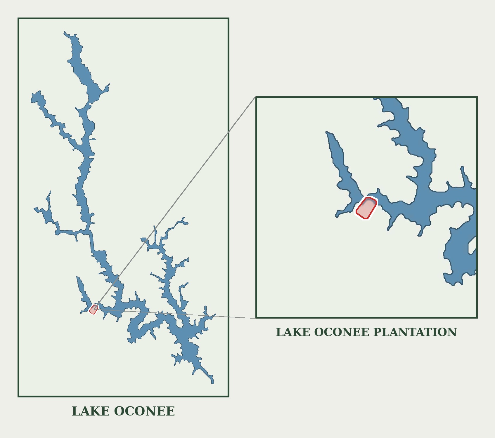 Map showing the location of Lake Oconee Plantation near Chapel Springs on Lake Oconee, Georgia, with a detail view of the cove