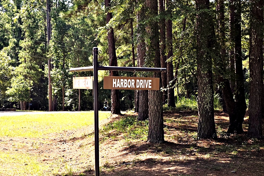 Lake Ridge Road and Harbor Drive street sign in Rock Island on Lake Oconee