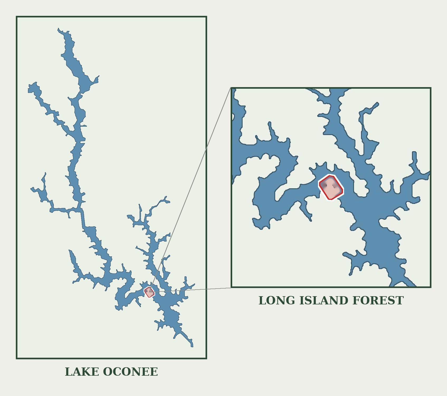 Map showing the location of Long Island Forest on the southern shore of Lake Oconee in Putnam County, Georgia, with a detail view of the point