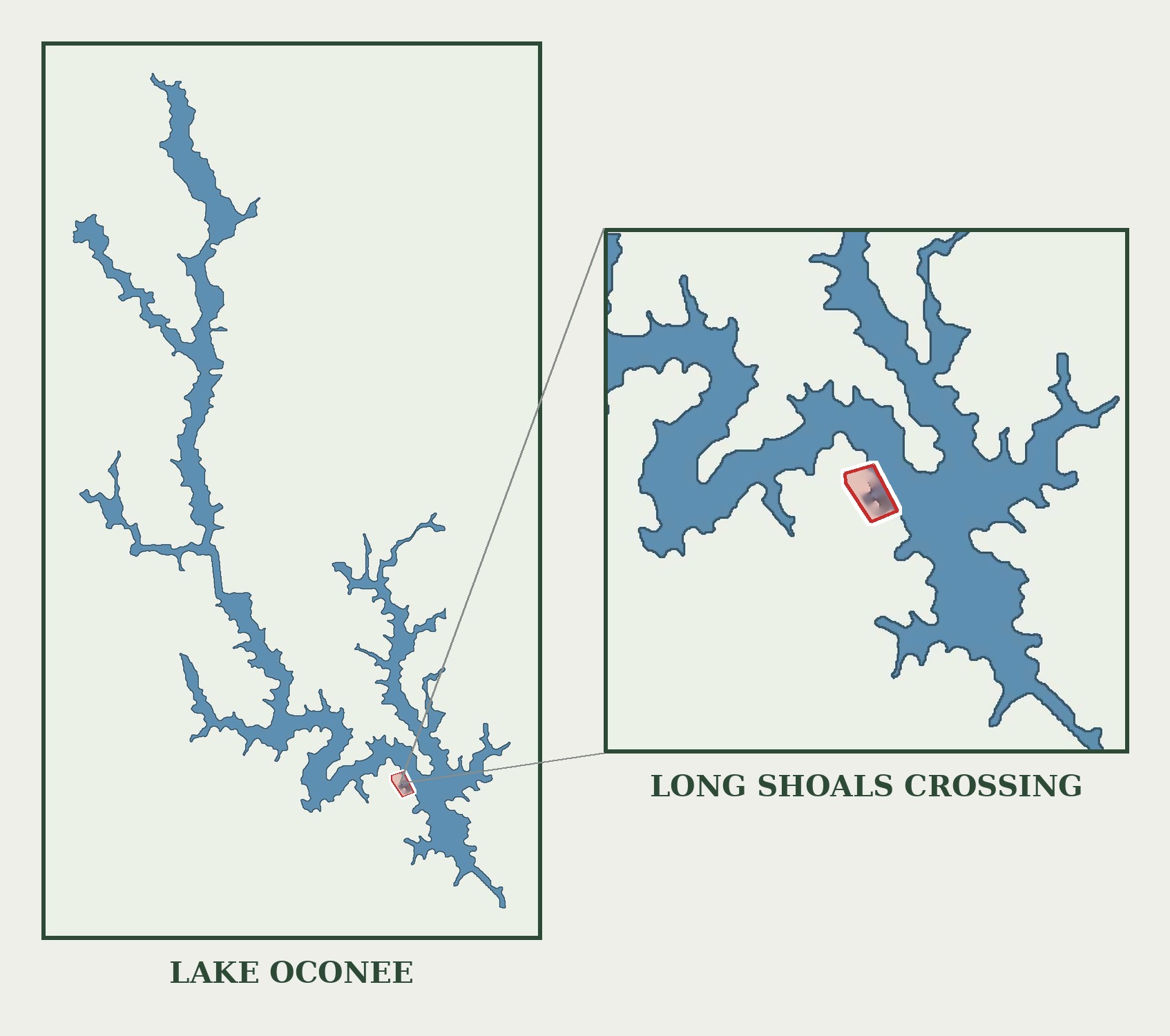Map showing the location of Long Shoals Crossing on Lake Oconee in Putnam County, Georgia, with a detail view of the cove