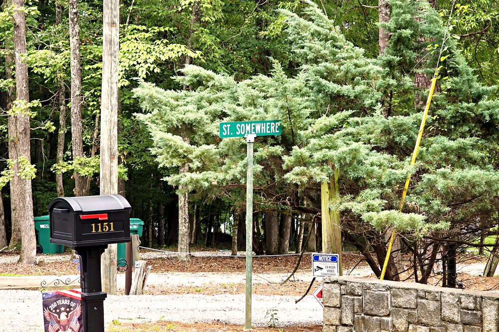 Wooded lakefront setting with a mailbox and street sign in the Mallard Glen subdivision along Fleur de Lac at Lake Oconee