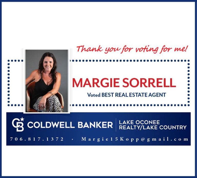 Lake Oconee Breeze ad thanking readers for voting Margie Sorrell best real estate agent in 2020