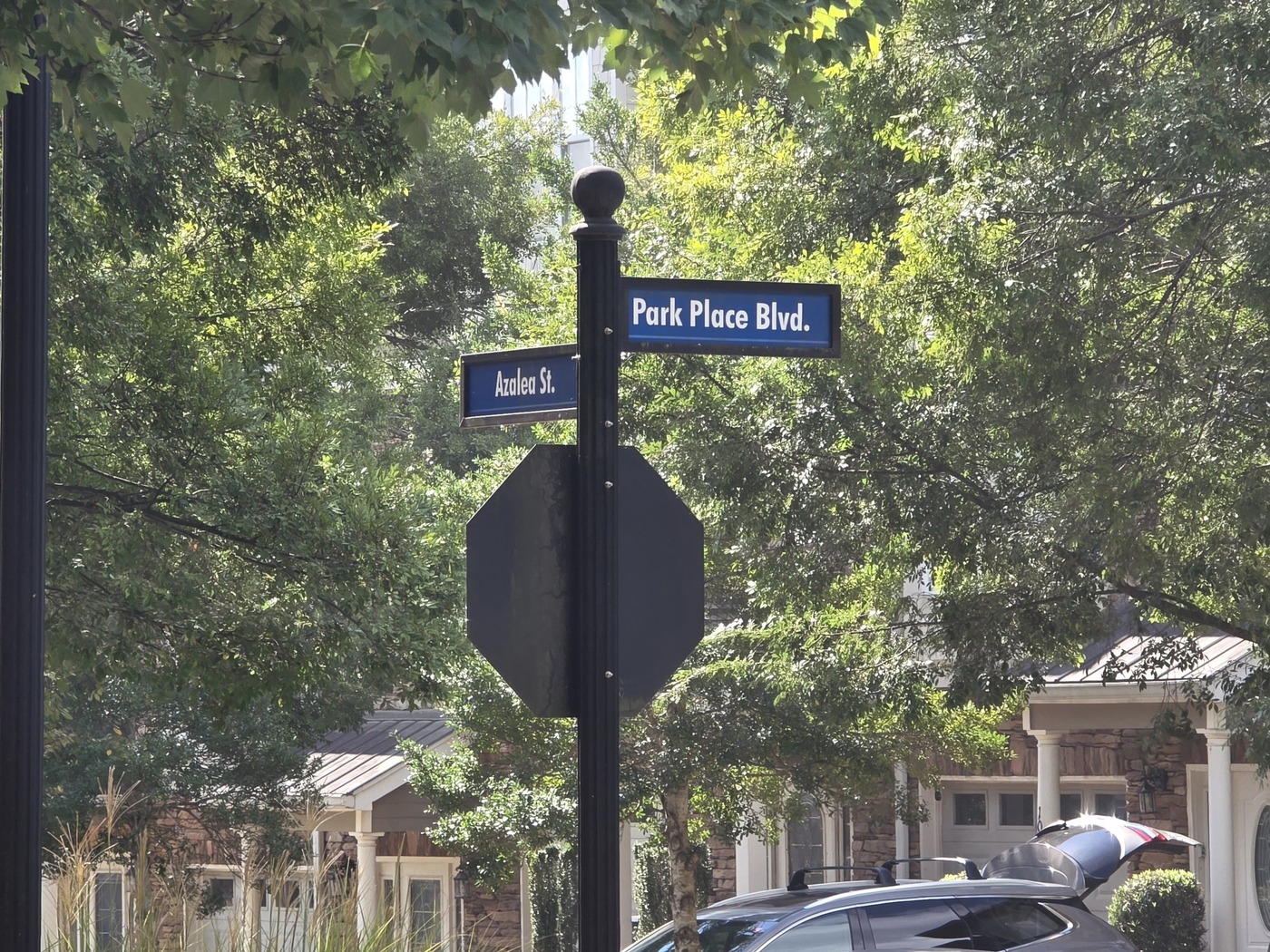 The Park Place Boulevard and Azalea Street signs at Park Place at Lake Oconee in Greene County, Georgia
