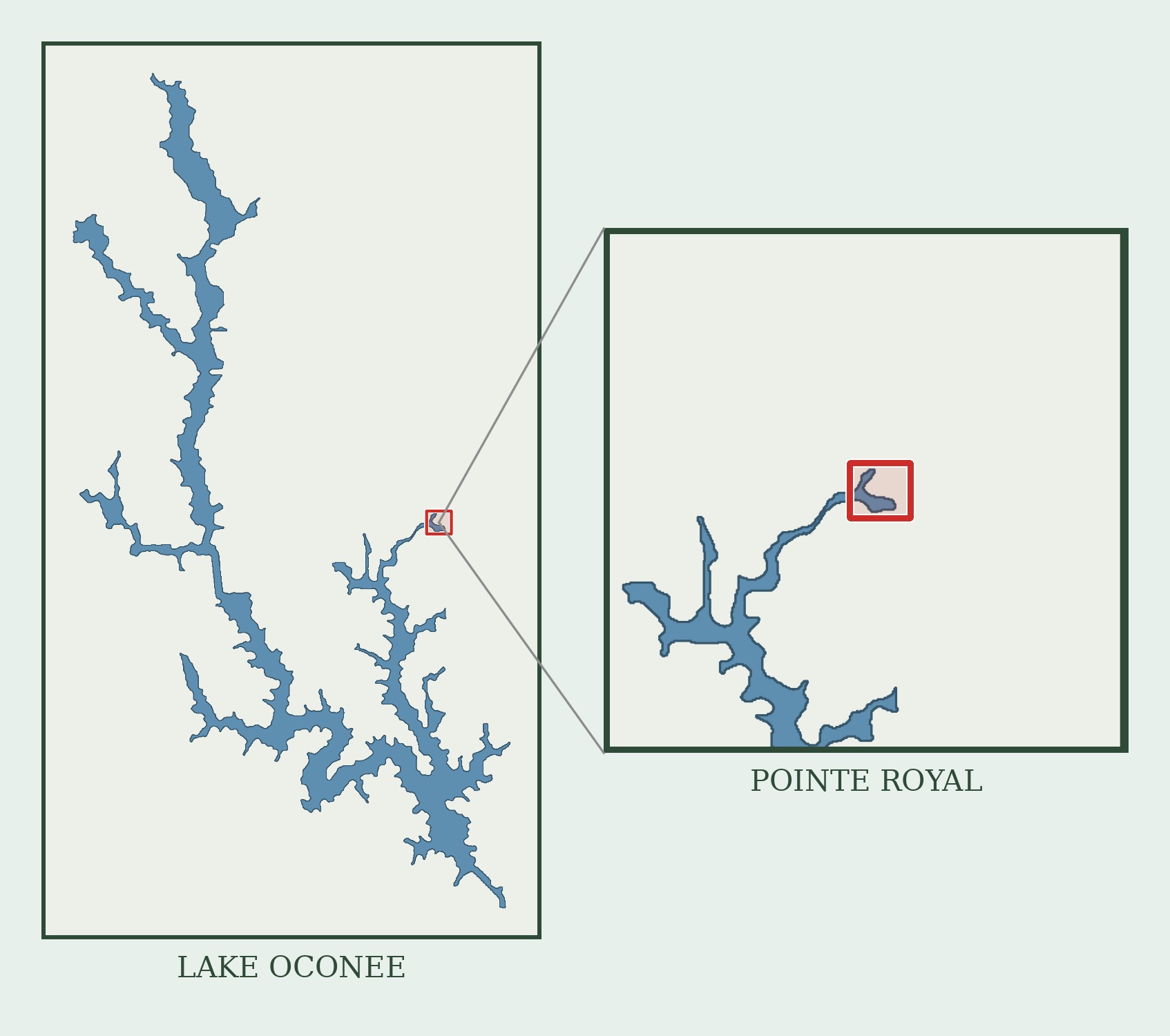 Map showing the location of Pointe Royal on the Richland side of Lake Oconee in Greene County, Georgia, on the backside of a quiet cove