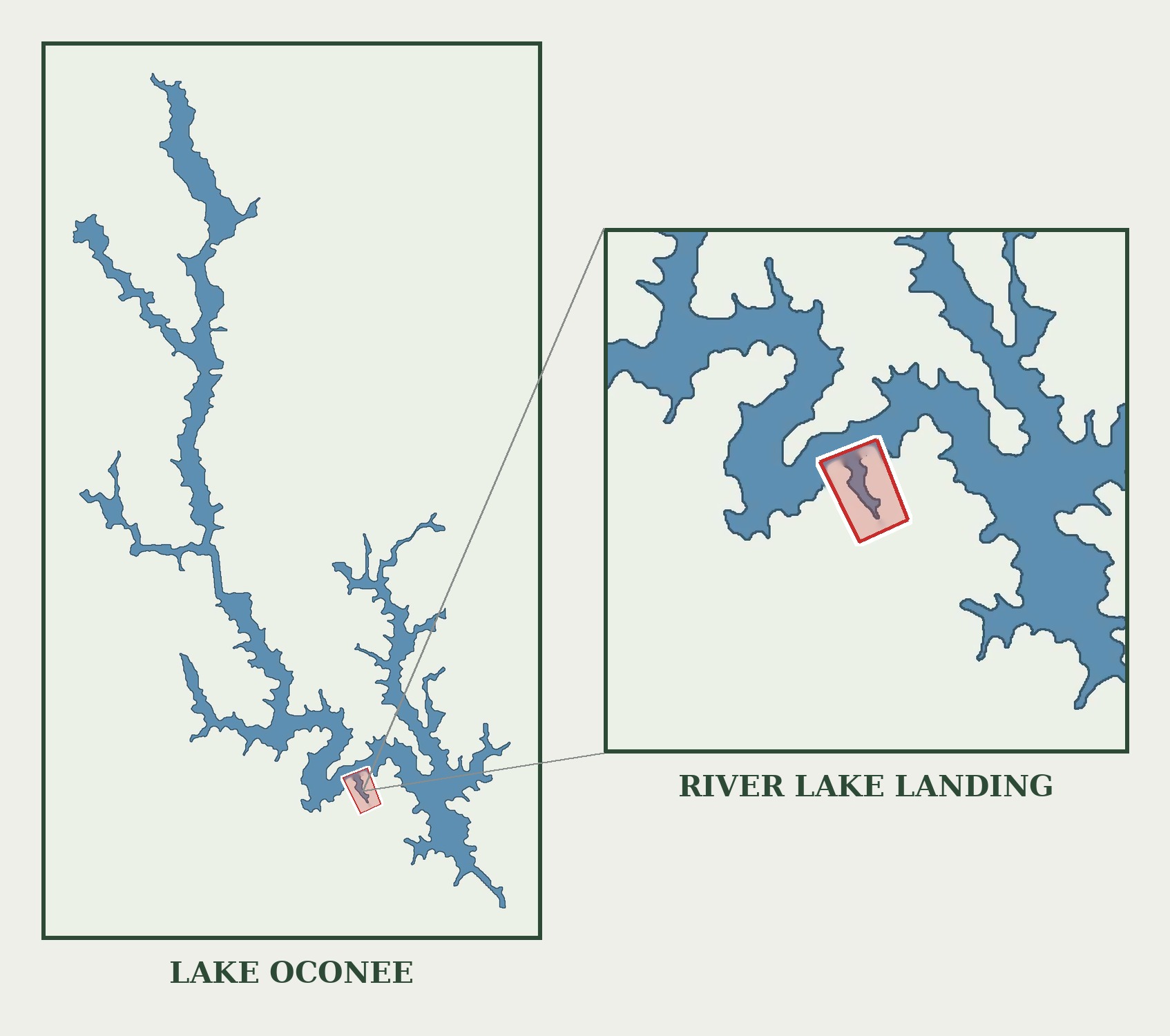 Map showing the location of River Lake Landing on Lake Oconee in Putnam County, Georgia, with a detail view of the cove