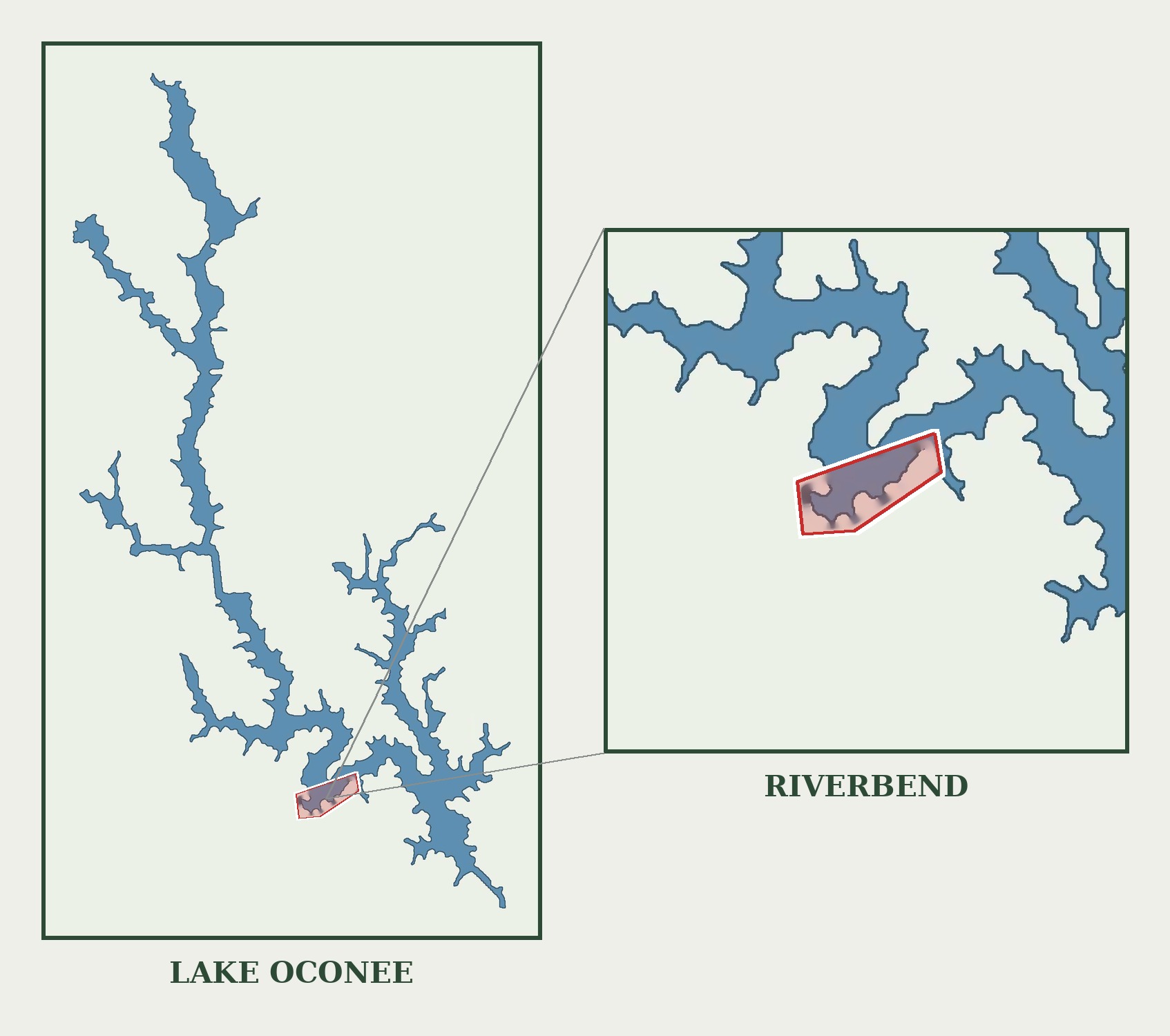 Map showing the location of Riverbend on the south shore of Lake Oconee, with a detail view of the Riverbend Cove and Riverbend Estates coves