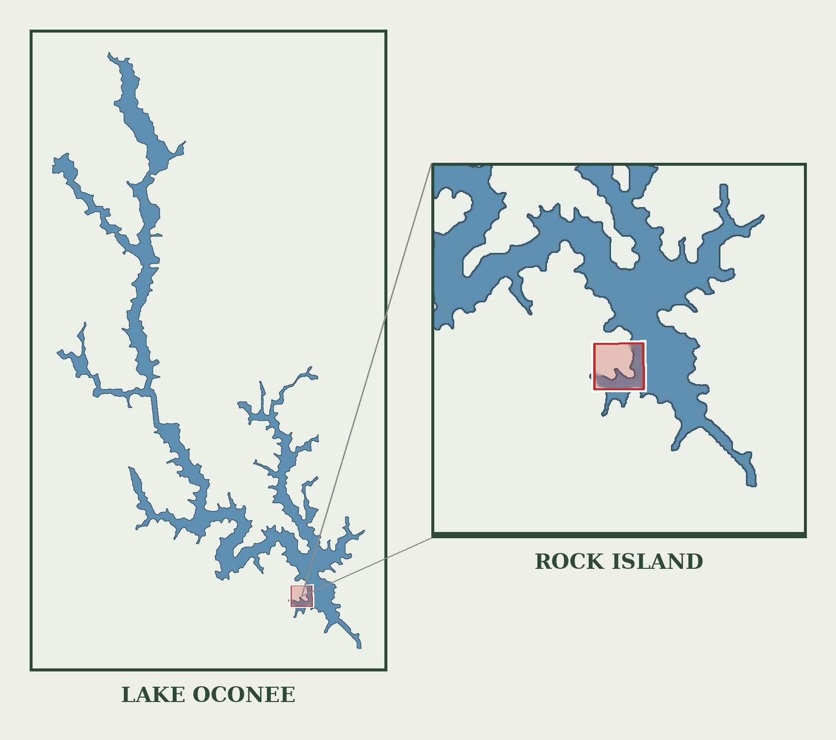 Map showing the location of Rock Island on the south side of Lake Oconee in Putnam County, Georgia, with a detail view of the point