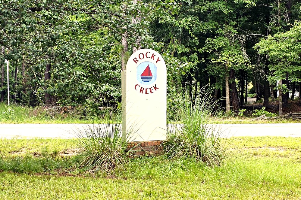 Rocky Creek neighborhood entrance sign off Tal Lewis Road on the White Plains side of Lake Oconee in Greene County, Georgia