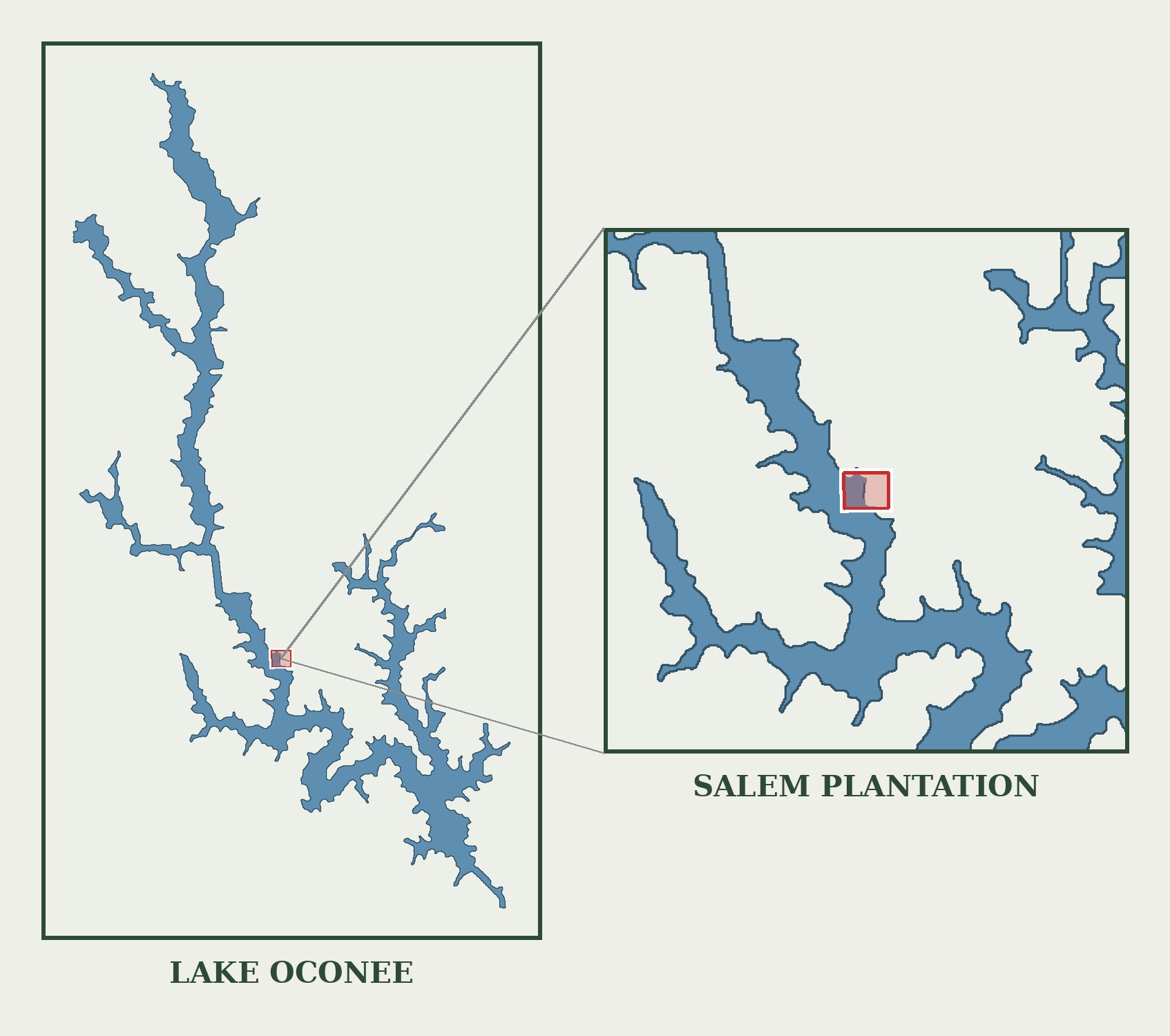 Map showing the location of Salem Plantation on Lake Oconee in Greene County, Georgia