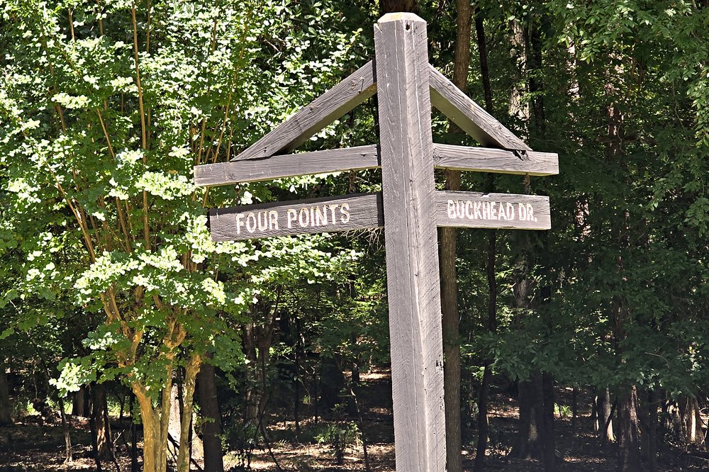 Sandy Creek wooden street sign for Buckhead Drive and Four Points on Lake Oconee