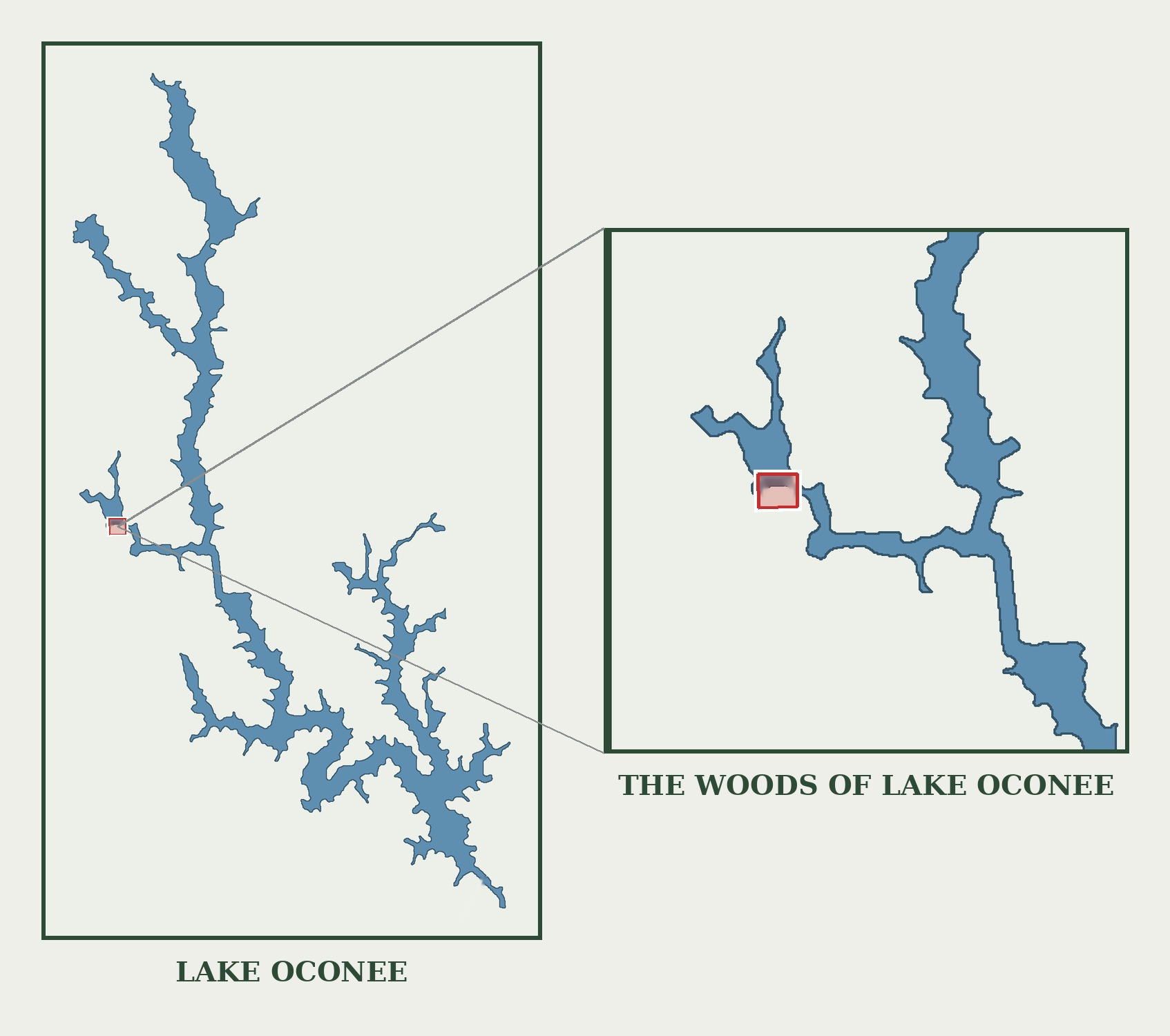 Map showing the location of The Woods of Lake Oconee in the Buckhead area of Lake Oconee, Morgan County, Georgia
