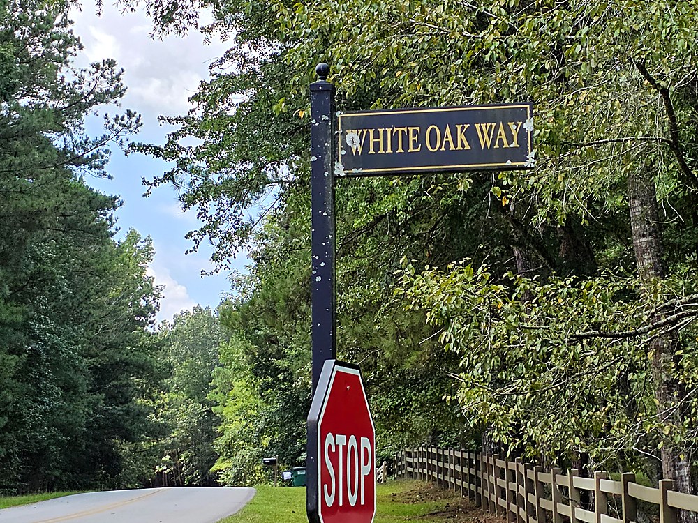 White Oak Way street sign at the entrance to The Woods of Lake Oconee in Buckhead, Georgia