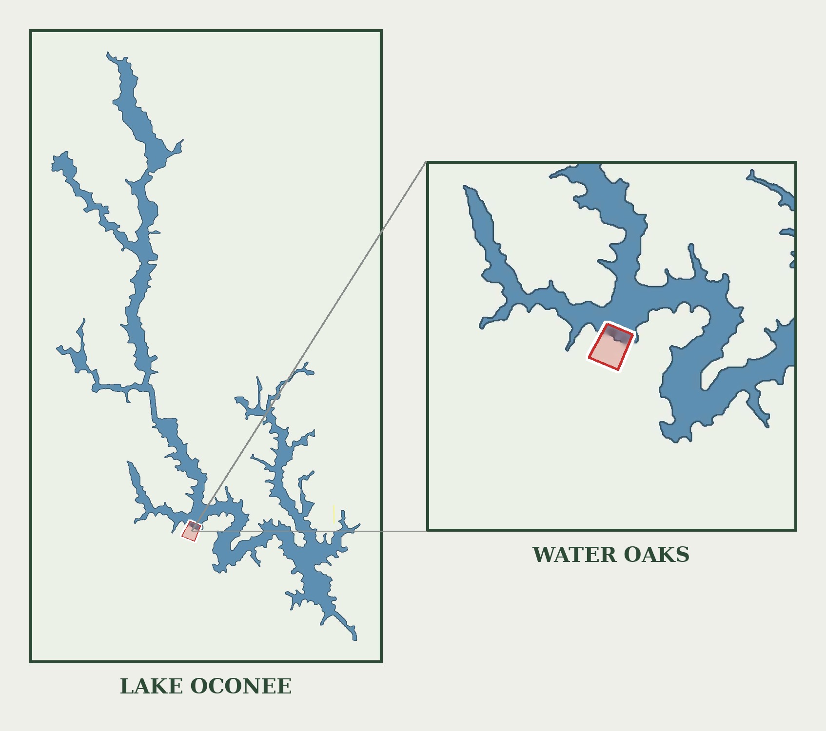 Map showing the location of Water Oaks on Lake Oconee, Georgia, with a detail view of the cove