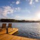 Dock with two chairs looking out over Lake Oconee, Georgia at sunset